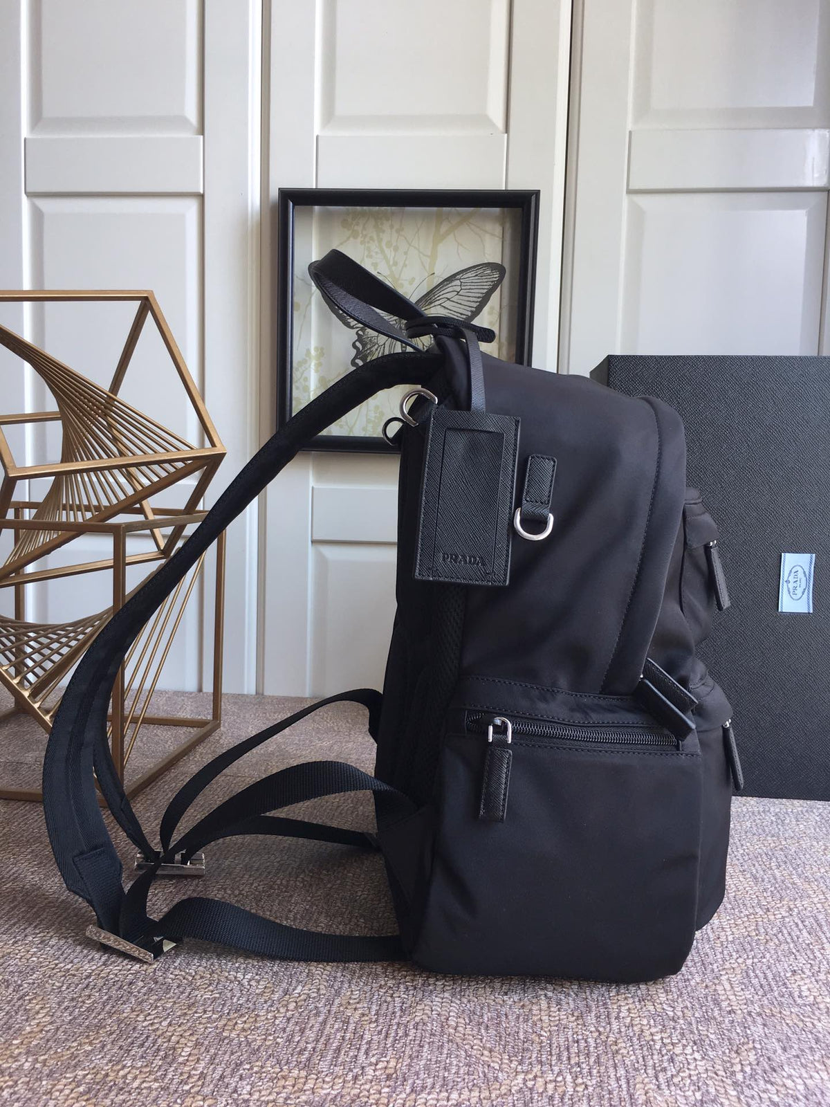 PRADA TRIANGLE LOGO BACKPACK 40 IN BLACK RE-NYLON