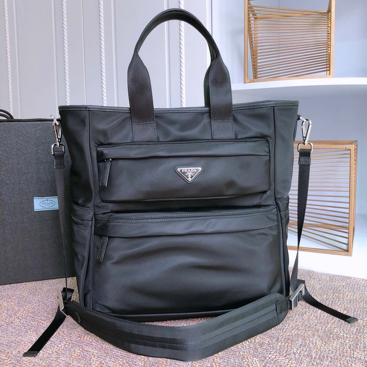 PRADA TOTE BAG 38 IN BLACK RE-NYLON AND SAFFIANO LEATHER TRIM