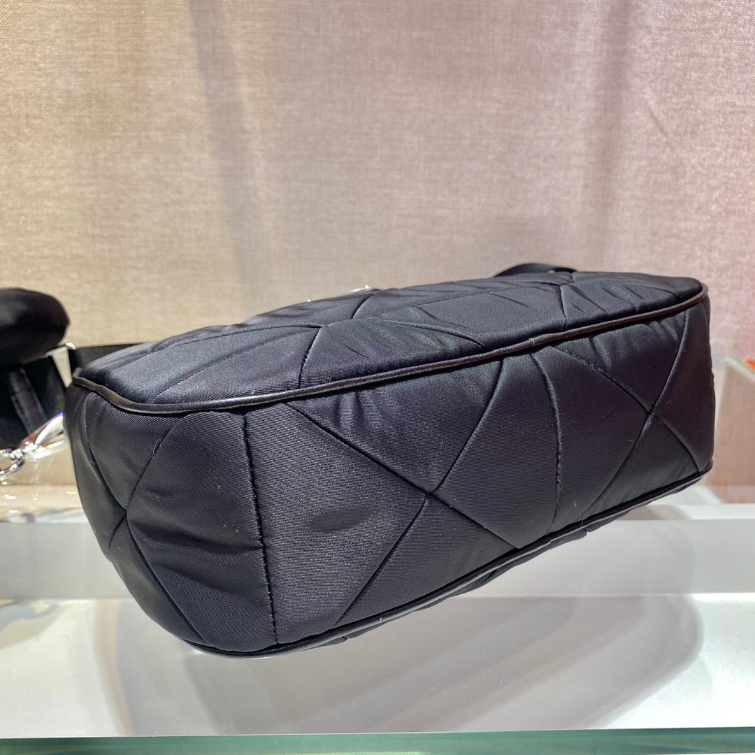 PRADA HOBO BAG 24 IN BLACK TRIANGULAR QUILTED PATTERN RE-NYLON