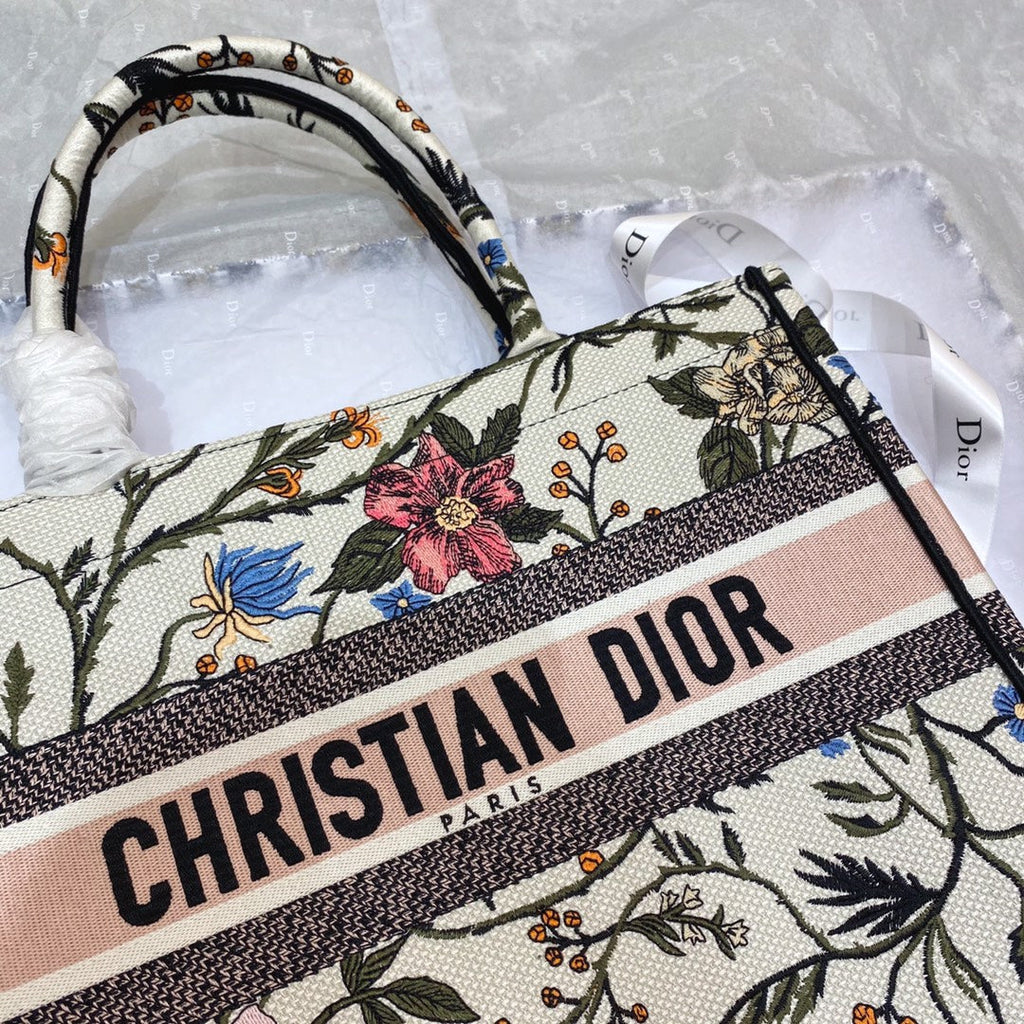 MEDIUM BOOK TOTE BAG 36 IN BEIGE COTTON WITH MULTICOLOR EMBROIDERY