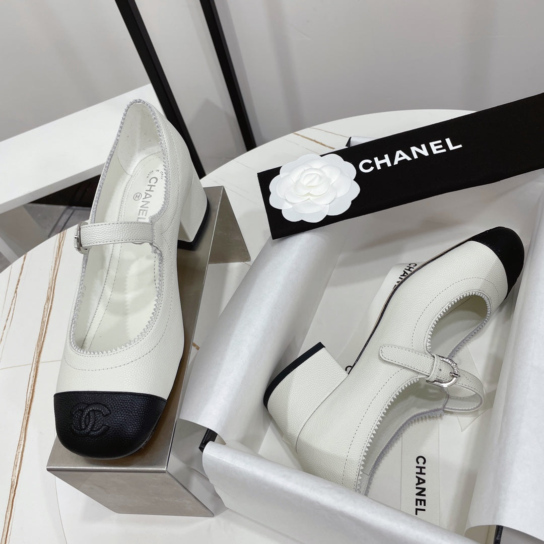 CHANEL MARY JANE BLOCK HEEL WHITE SHEEPSKIN