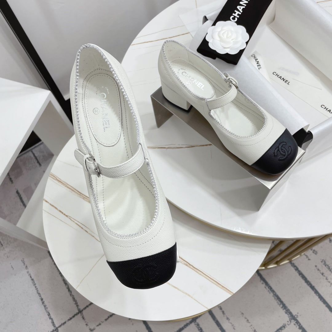 CHANEL MARY JANE BLOCK HEEL WHITE SHEEPSKIN