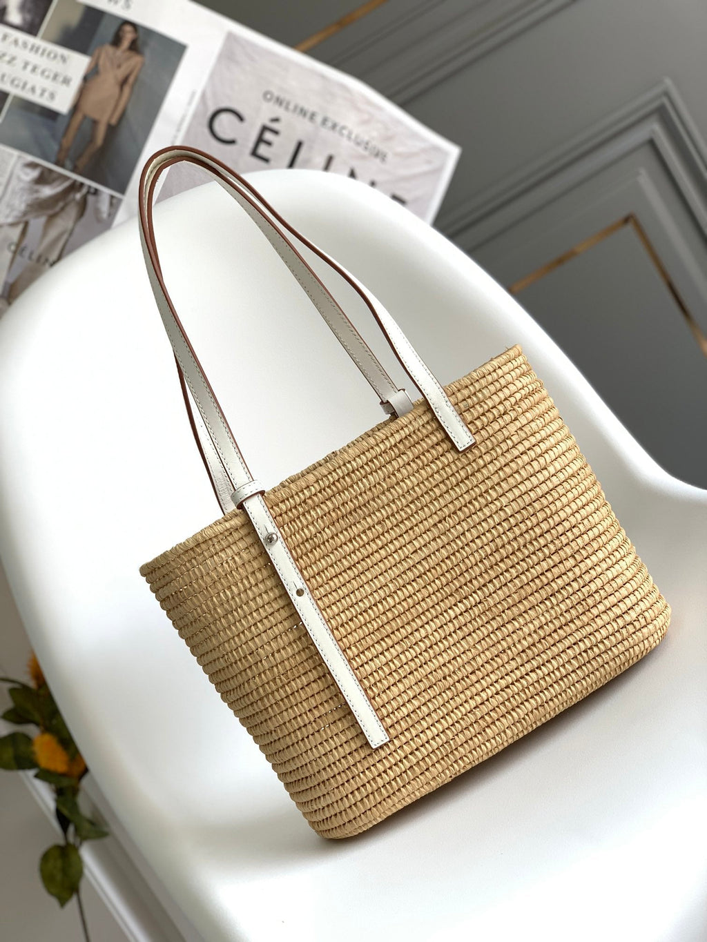 LOEWE 25S BASKET BAG 30 IN NATURAL MIX WHITE RAFFIA CALFSKIN SHOULDER STRAP