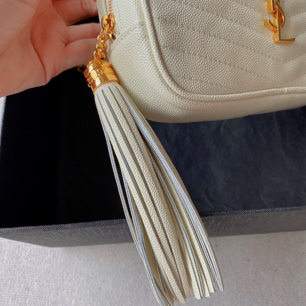 LOU MINI CAMERA BAG 19 IN WHITE CAVIAR PATTERN CALFSKIN GOLD HARDWARE