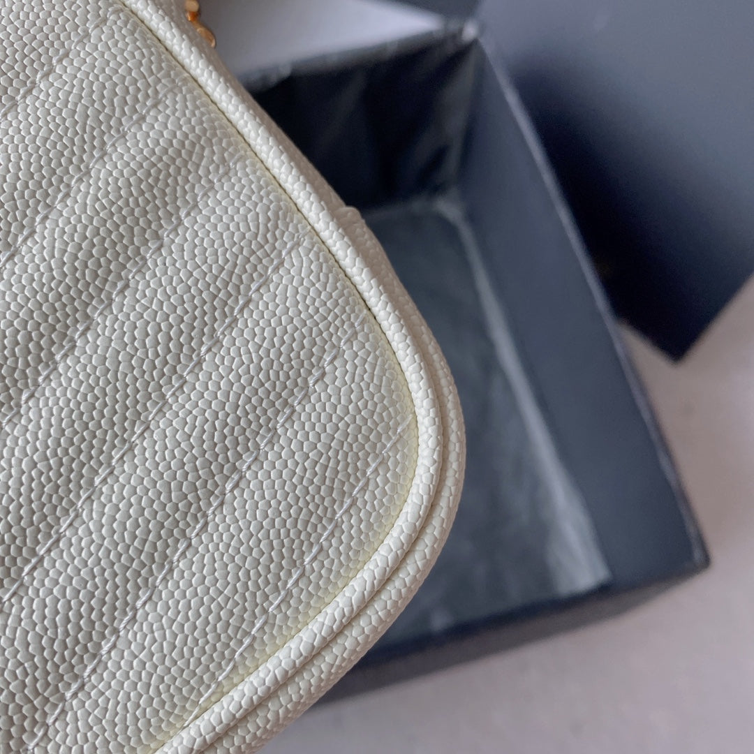 LOU MINI CAMERA BAG 19 IN WHITE CAVIAR PATTERN CALFSKIN GOLD HARDWARE