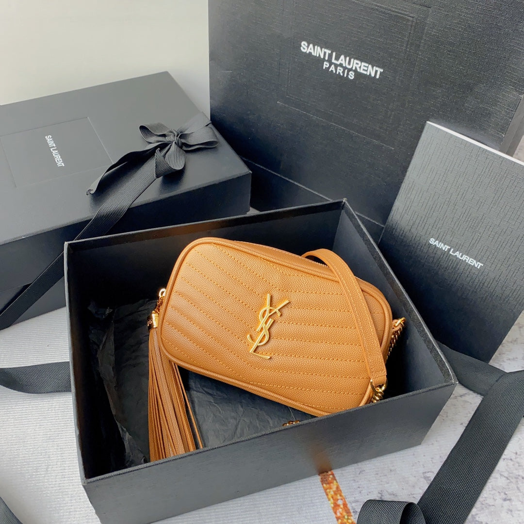LOU MINI CAMERA BAG 19 IN MANGO ORANGE CAVIAR PATTERN CALFSKIN GOLD HARDWARE