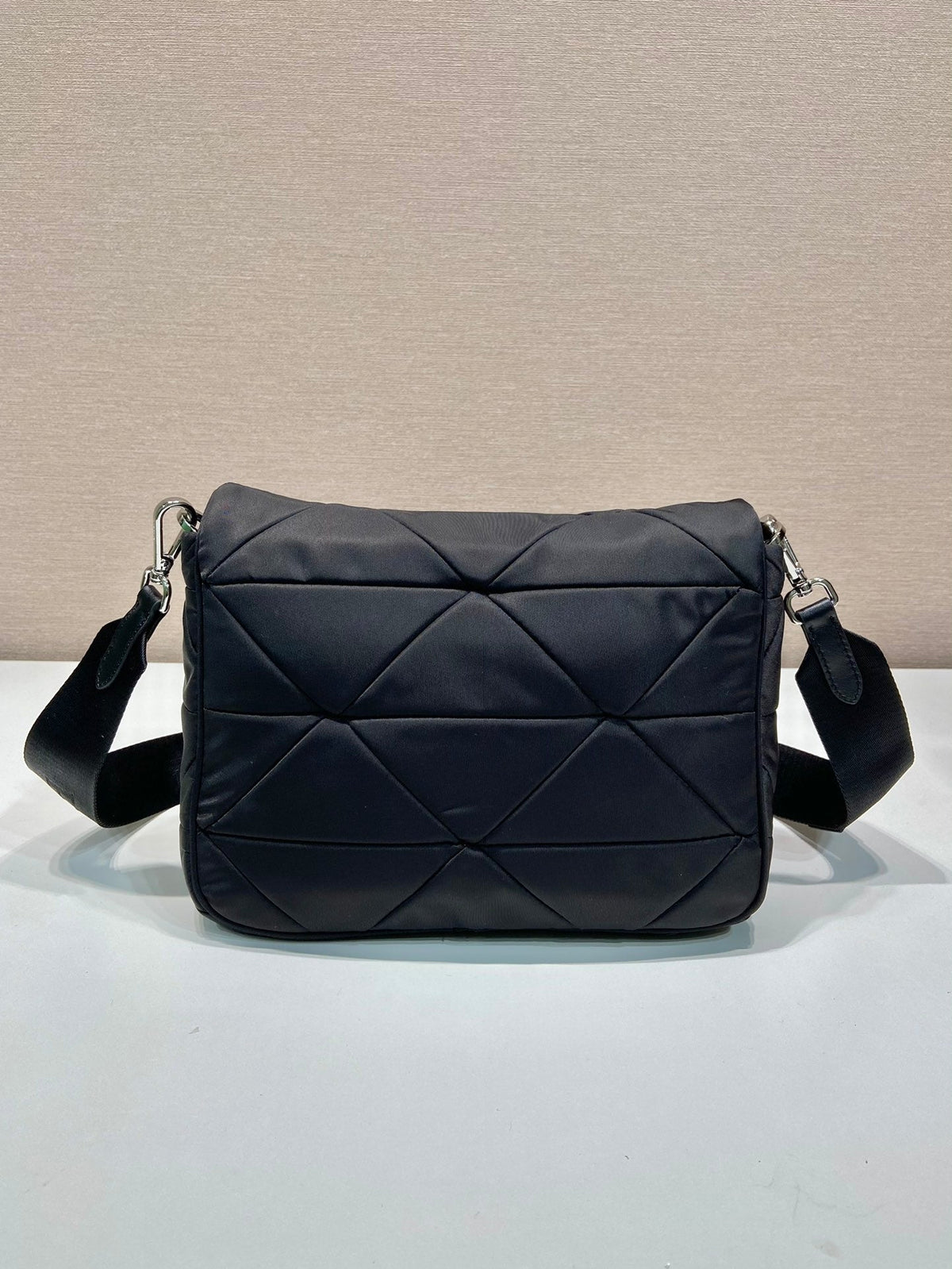 PRADA MEDIUM FLAP BAG 24 IN BLACK TRIANGULAR QUILTED PATTERN RE-NYLON
