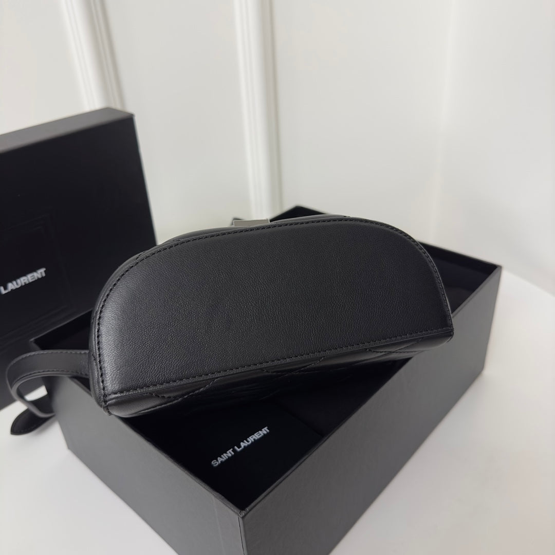 JUNE 19 BLACK QUILTED LAMBSKIN WITH SILVER LOGO BOX BAG