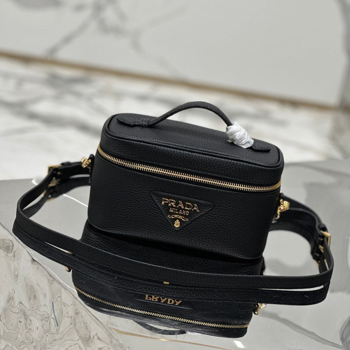 PRADA VANITY CASE 18 IN BLACK GRAINED CALFSKIN GOLD HARDWARE