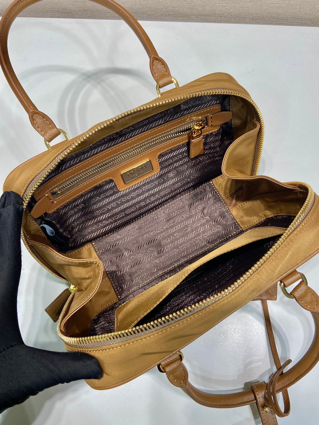 PRADA SMALL TOP HANDLE BAG 25 IN GOLDEN BROWN NYLON AND CALFSKIN TRIM
