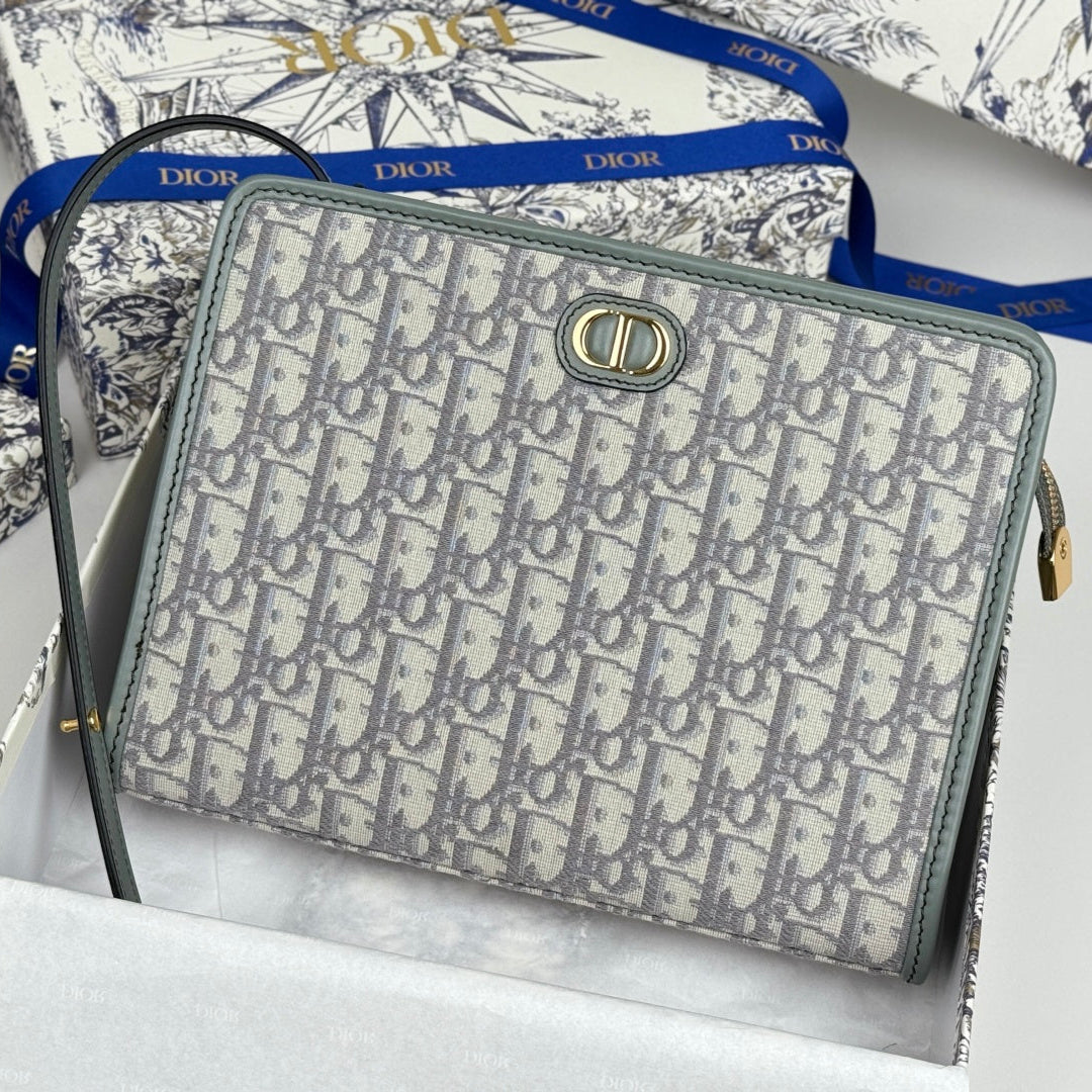 DIOR 25S 30 MONTAIGNE DEA POUCH GRAY OBLIQUE JACQUARD 26 IN CANVAS