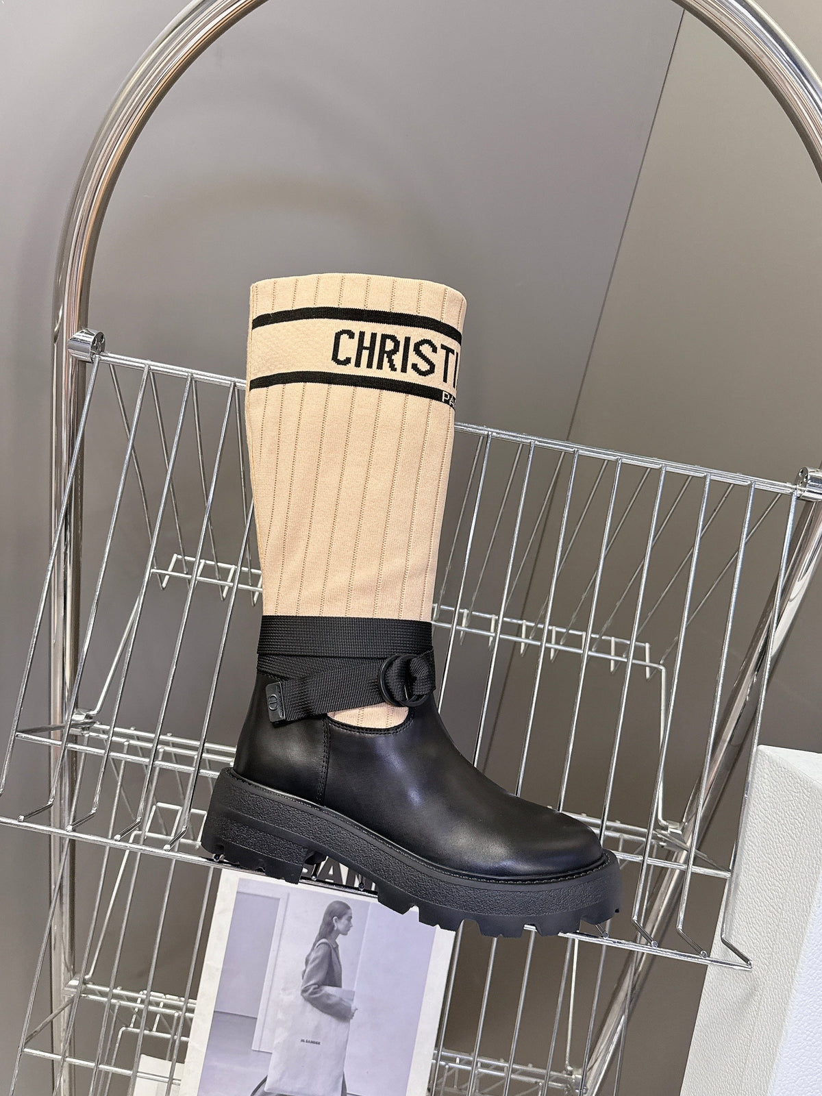 DIOR 25S D-MAJOR ANKLE BOOTS IN BLACK CALFSKIN AND LIGHT BEIGE FABRIC