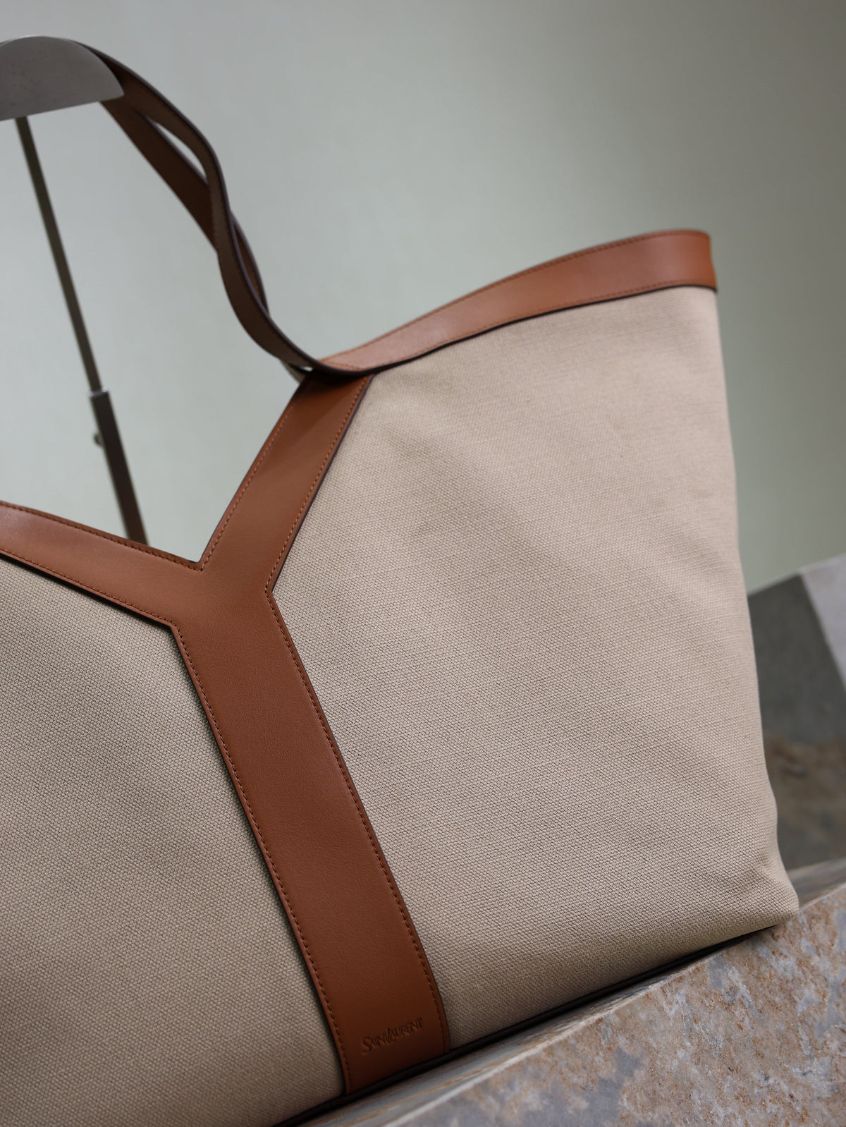 YSL 25S Y TOTE 50 IN BROWN BEIGE CANVAS AND CALFSKIN