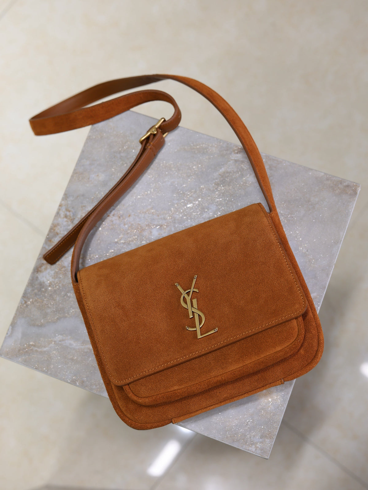 YSL 25S NIKI SATCHEL 22 IN DARK CARAMEL SUEDE GOLD HARDWRE