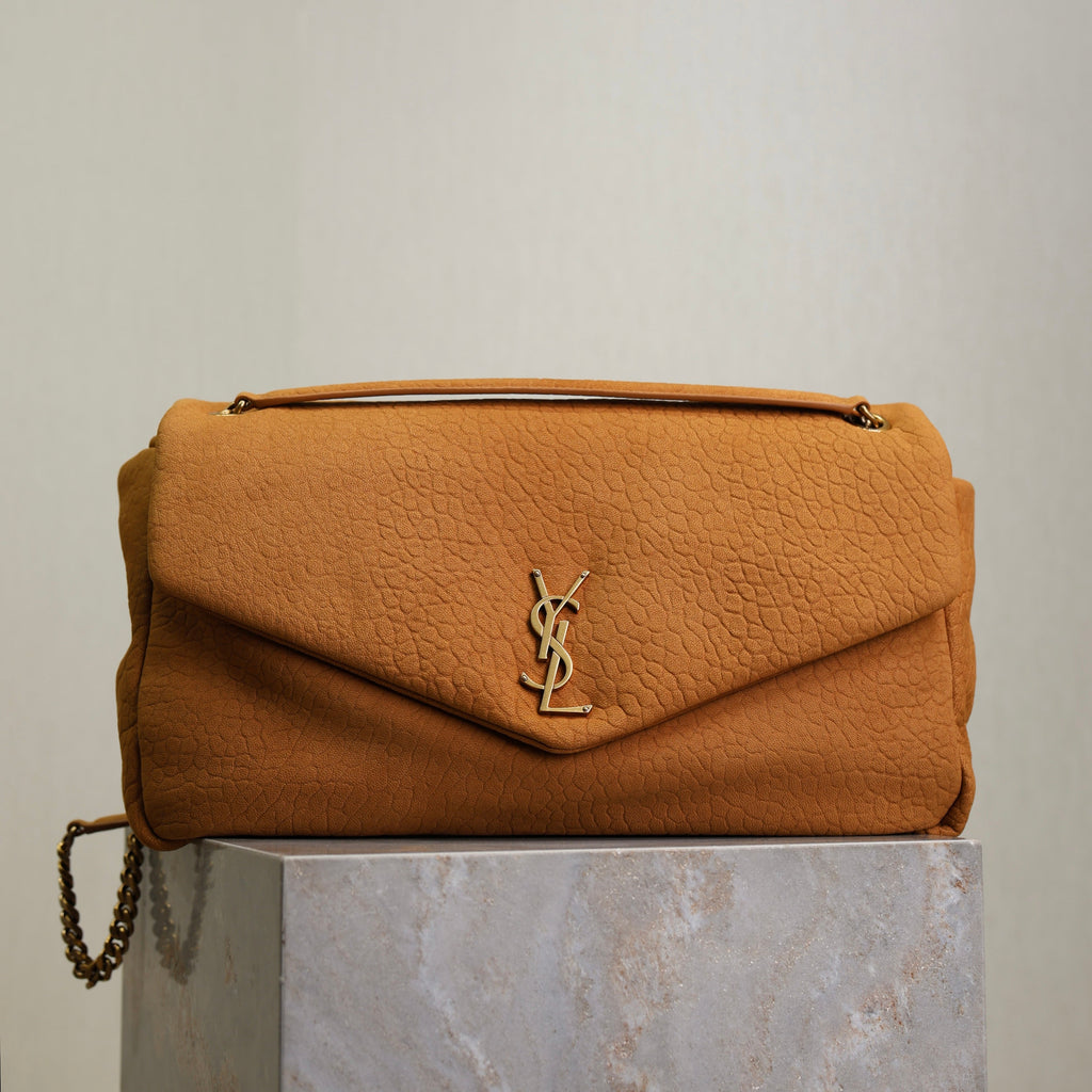 YSL 25S CALYPSO GM 38 IN BURNT ORANGE GRAINED CALFSKIN GOLD HARDWARE