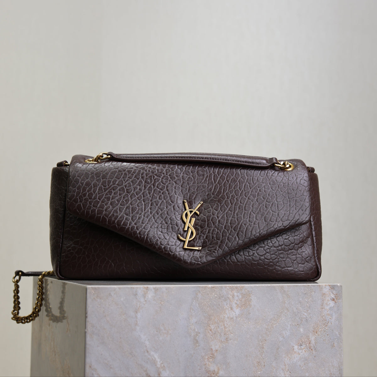YSL 25S CALYPSO 30 IN DARK CHOCOLATE GRAINED CALFSKIN GOLD HARDWRE