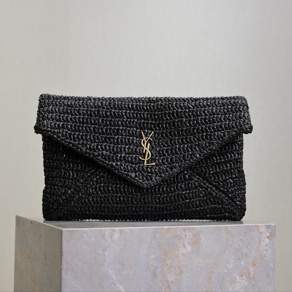 YSL 25S CASSANDRE LARGE ENVELOPE POUCH 29 IN BLACK RAFFIA GOLD HARDWARE