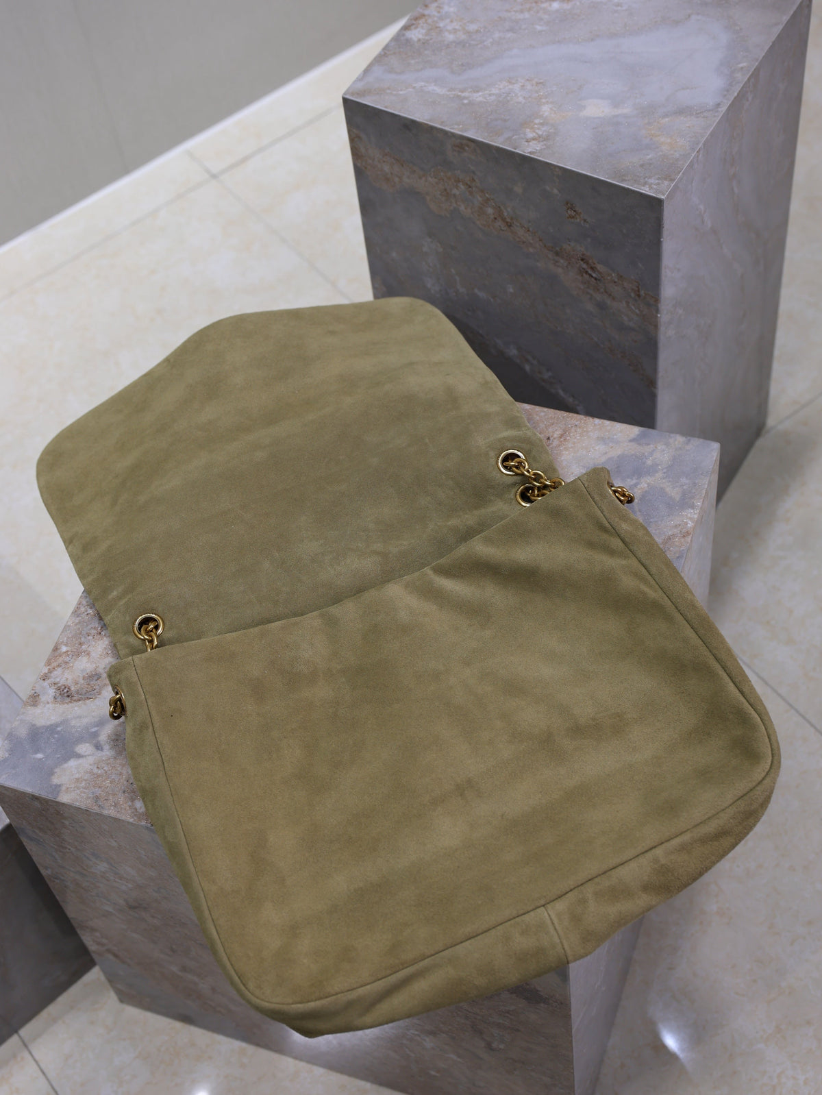 YSL 25S LARGE JAMIE 43 IN MUTED KHAKI SUEDE GOLD HARDWRE