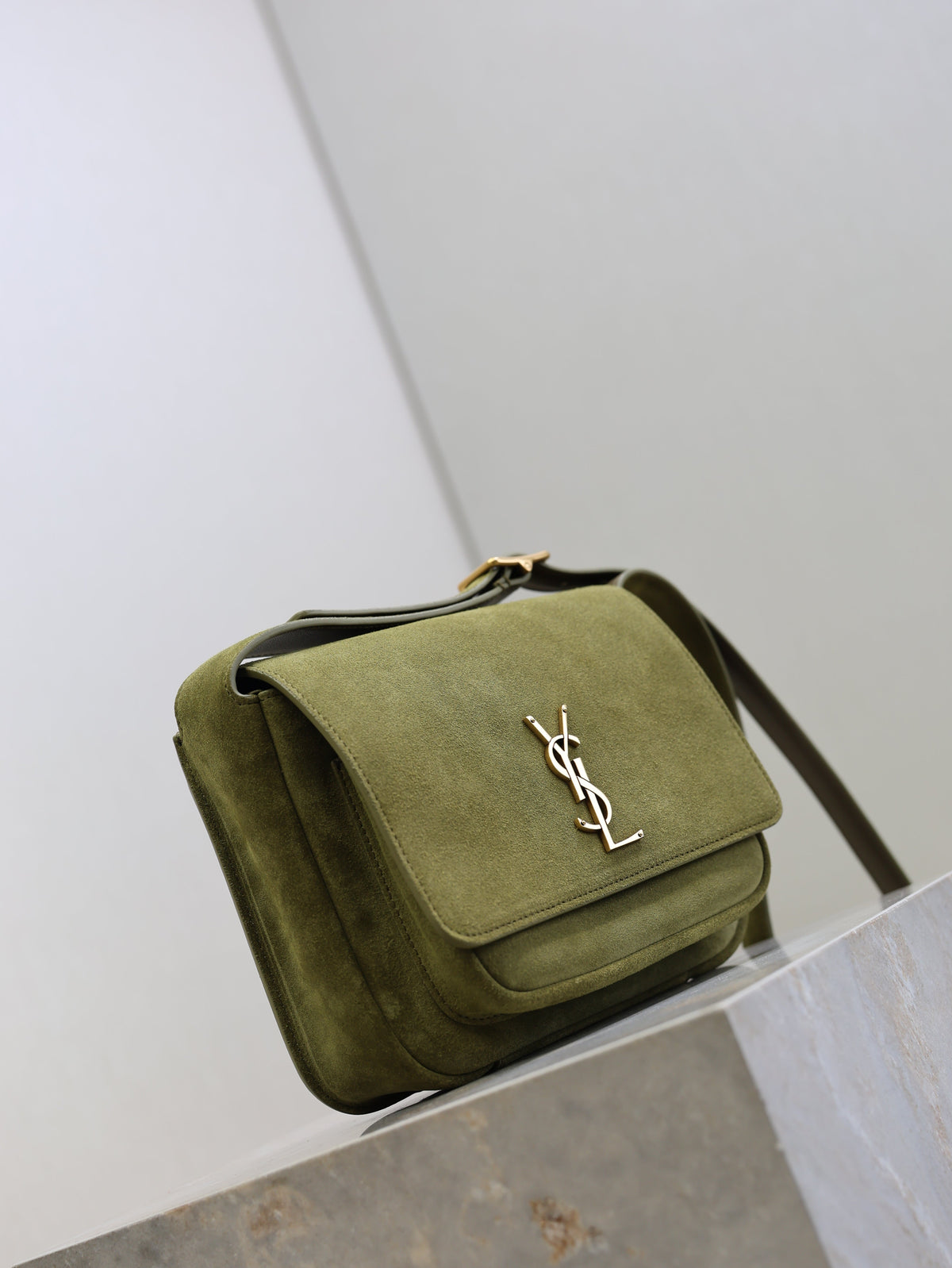 YSL 25S NIKI SATCHEL 22 IN BARLEY GREEN SUEDE GOLD HARDWRE