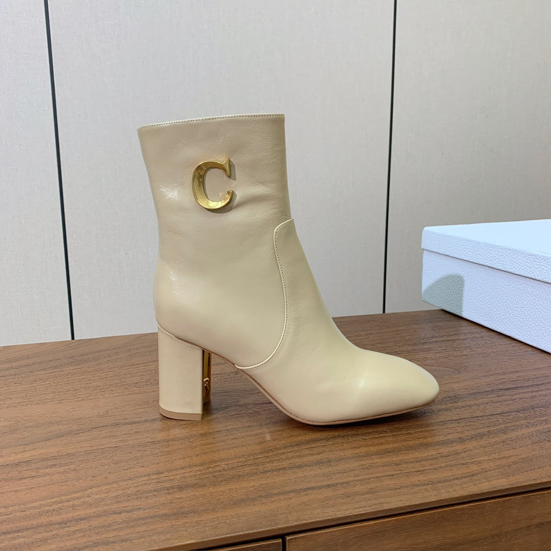 DIOR 25S ANKLE BOOTS 80 MM IN BEIGE CALFSKIN WITH GOLD HARDWARE
