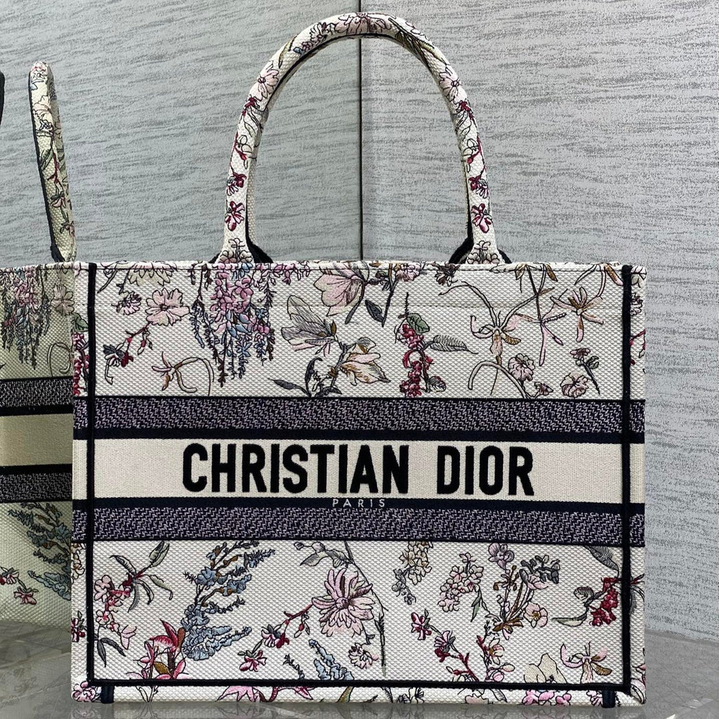 DIOR 25S MEDIUM BOOK TOTE 36 IN BEIGE CANVAS MILLEFIORI EMBROIDERY