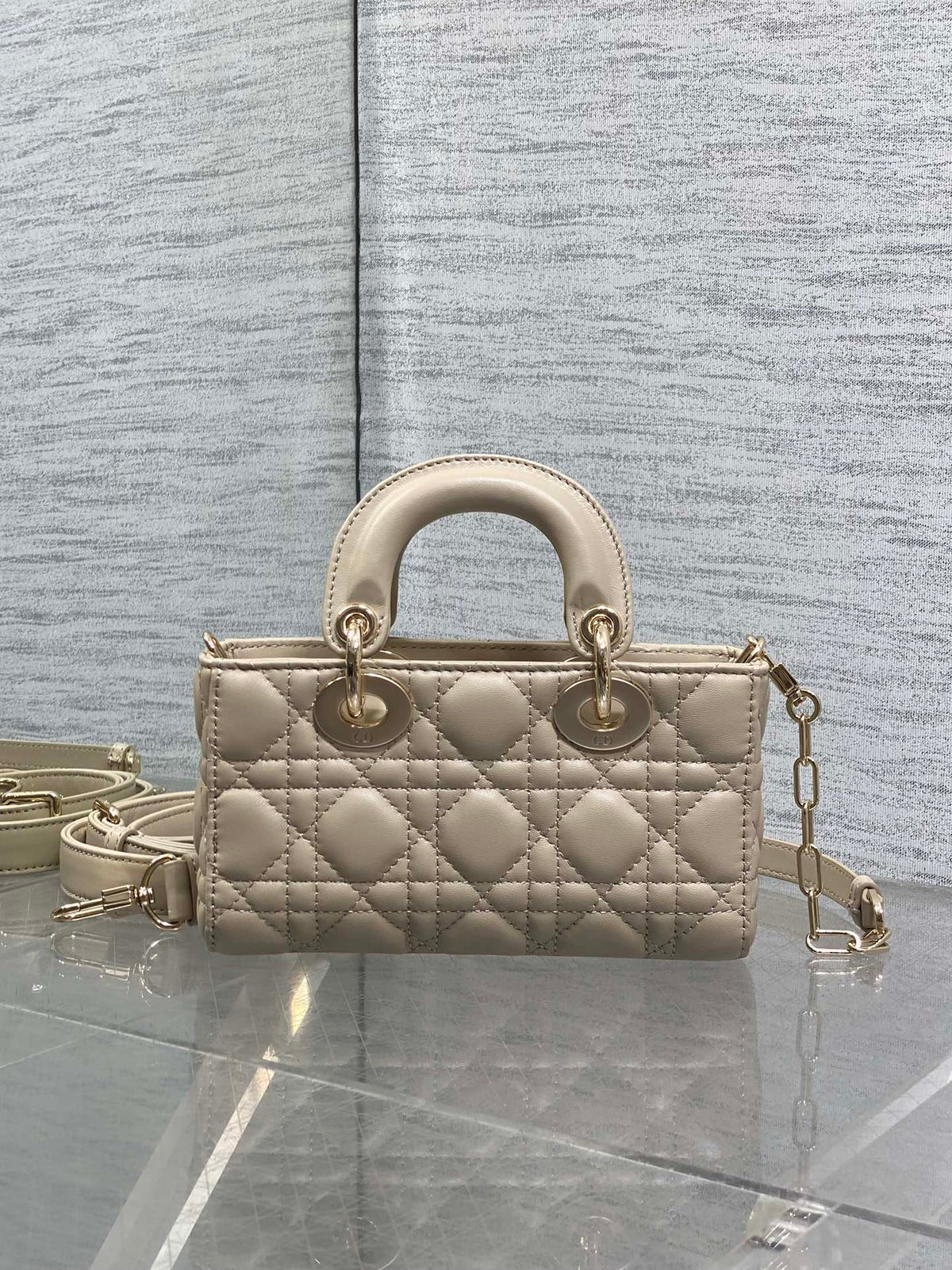 DIOR 25S MICRO LADY D-JOY 19 IN POWDER BEIGE CALFSKIN GOLD HARDWRE