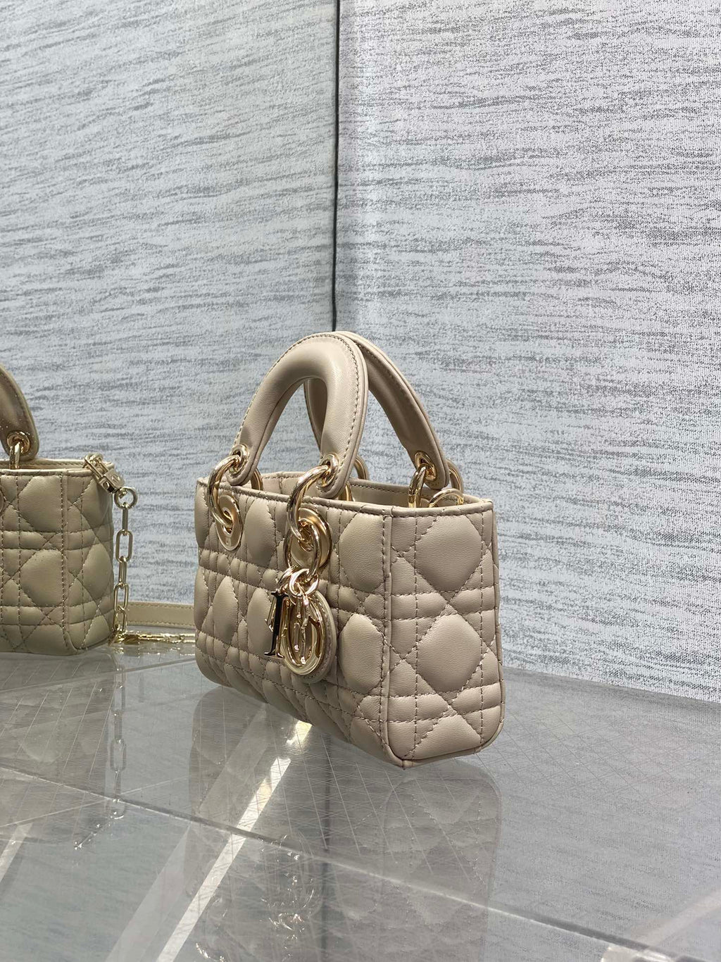 DIOR 25S MICRO LADY D-JOY 19 IN POWDER BEIGE CALFSKIN GOLD HARDWRE