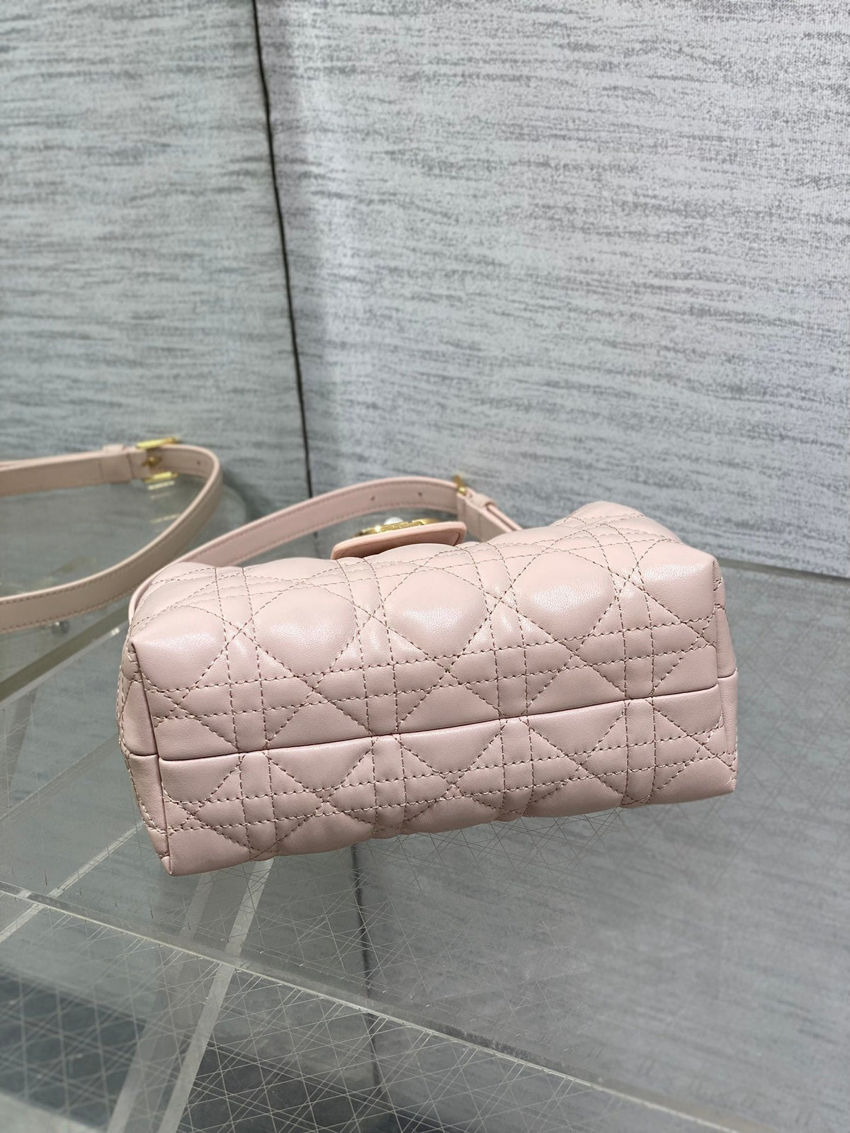 DIOR 25S JOLIE TOP HANDLE MINI BAG 18 IN BABY PINK CALFSKIN GOLD HARDWARE
