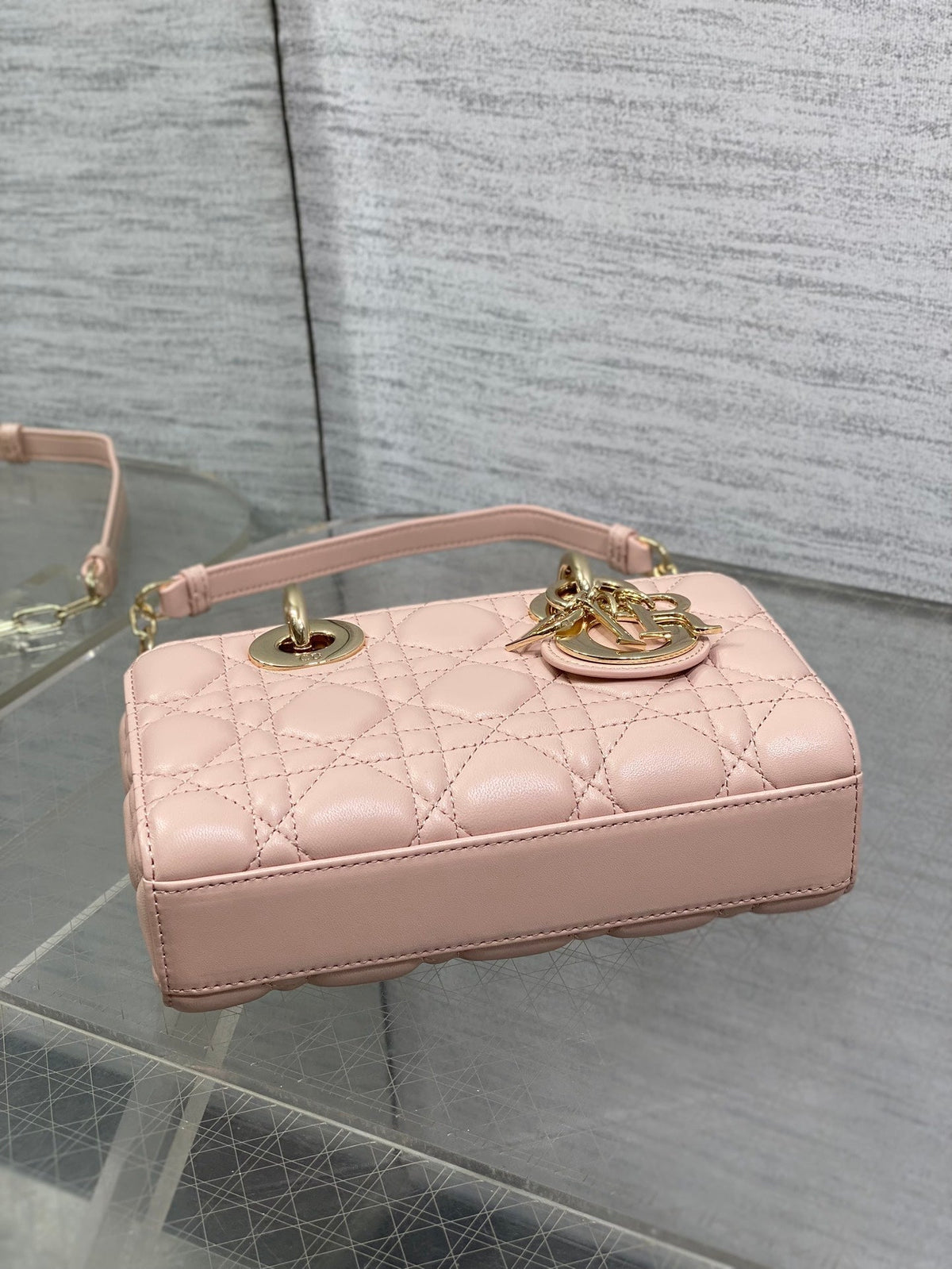 DIOR 25S MICRO LADY D-JOY 19 IN BABY PINK CALFSKIN GOLD HARDWRE
