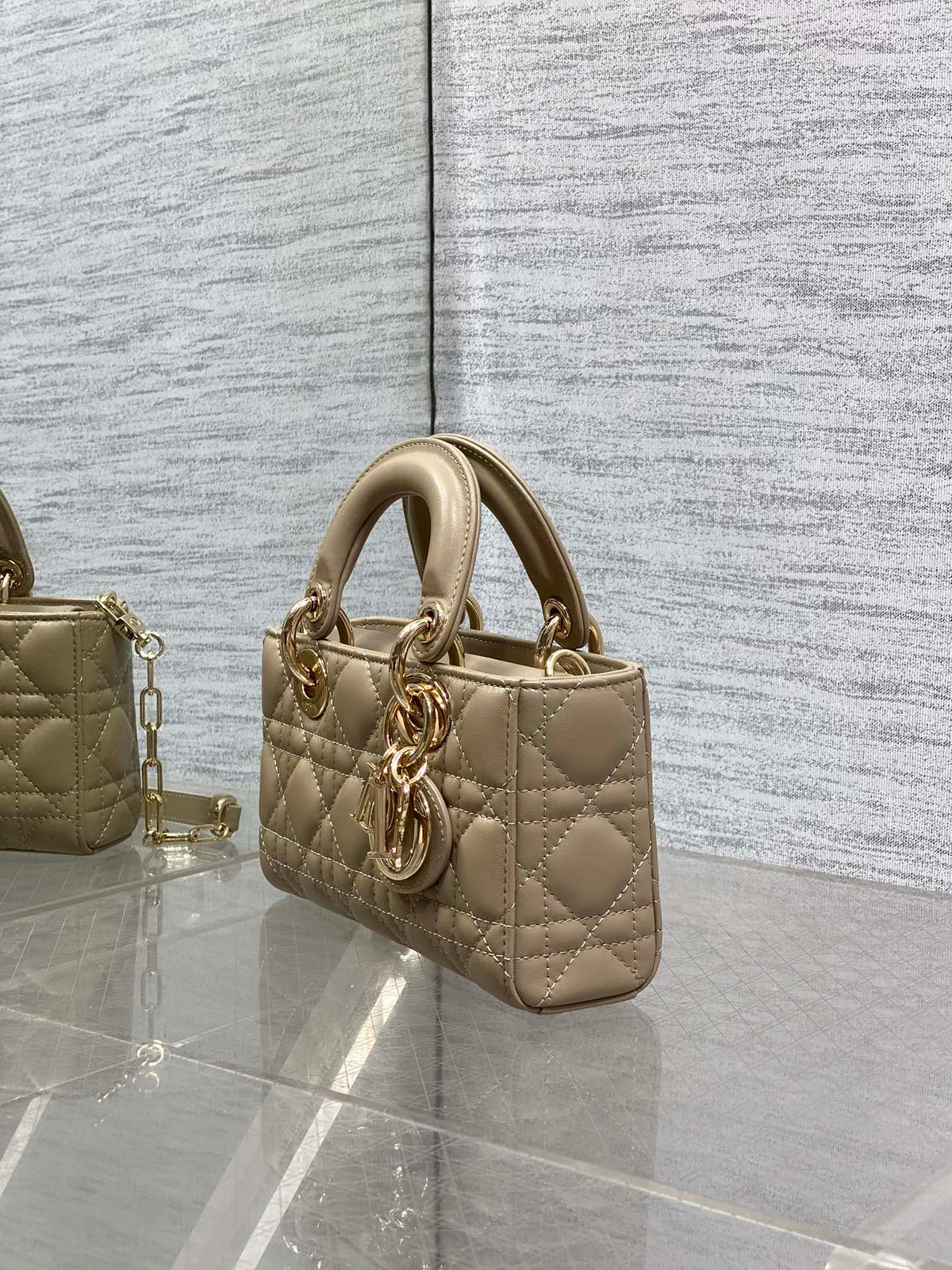 DIOR 25S SMALL LADY D‑JOY BAG 19 IN DARK BEIGE CANNAGE CALFSKIN GOLD HARDWARE