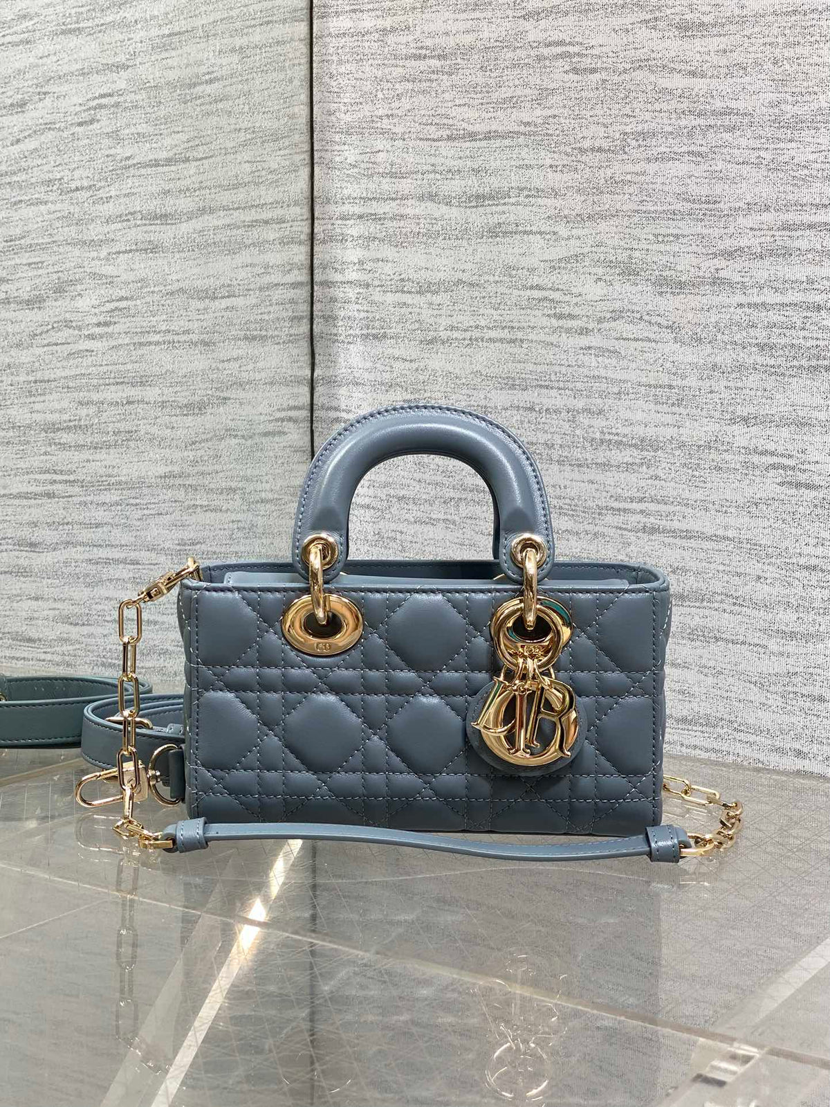 DIOR 25S SMALL LADY D‑JOY BAG 19 IN STEEL BLUE GRAY CANNAGE CALFSKIN GOLD HARDWRE