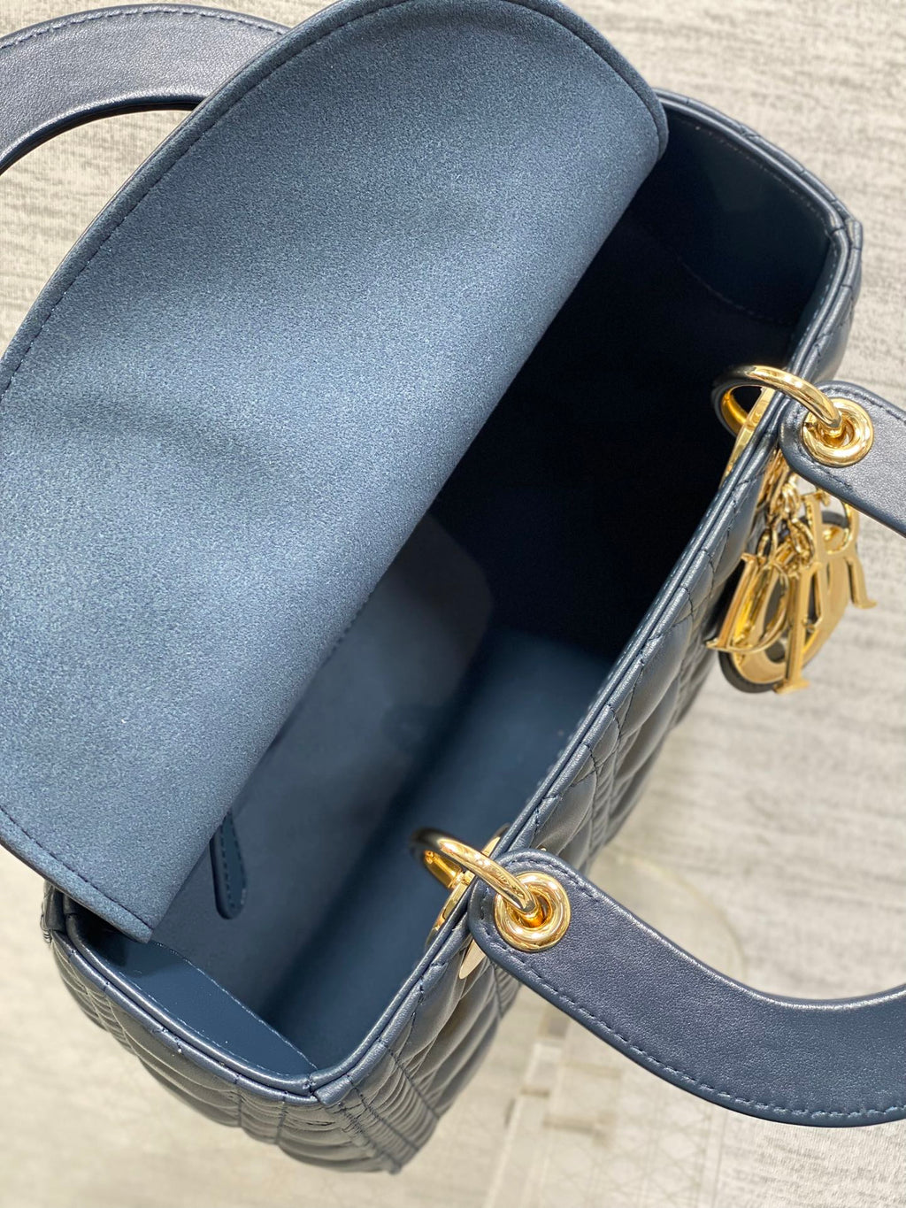 DIOR 25S MEDIUM LADY BAG 24 IN DEEP OCEAN BLUE CALFSKIN GOLD HARDWRE