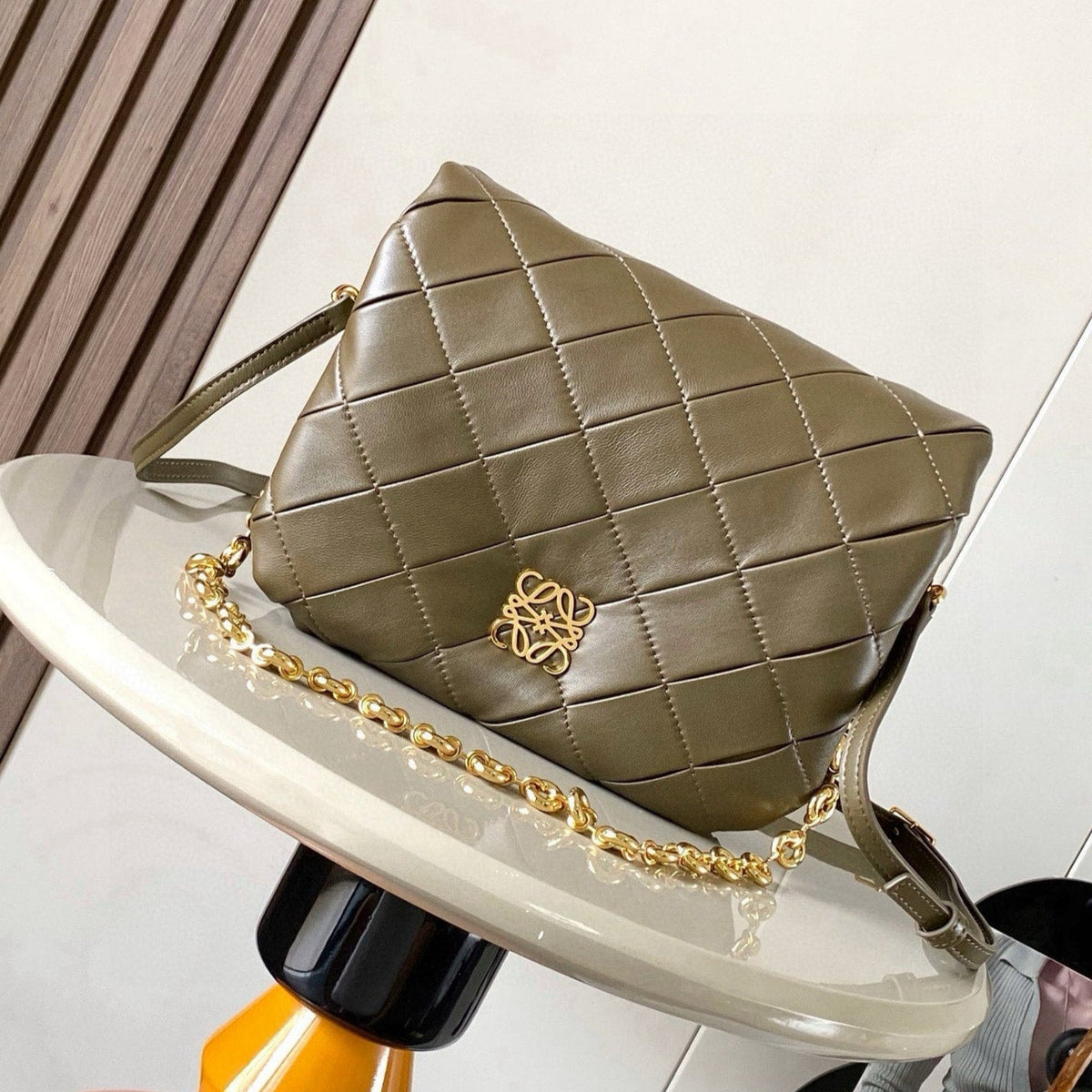 LOEWE 25S PUFFER GOYA BAG 23 IN KHAKI GREEN NAPPA LAMBSKIN