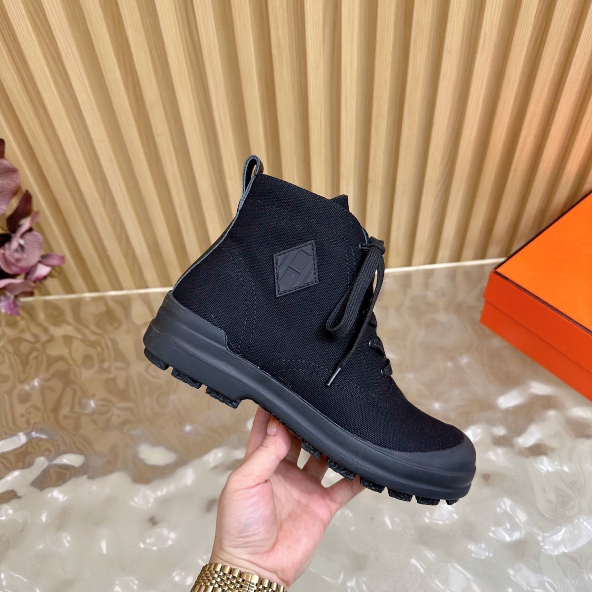 HERMES 25S KOOLER ANKLE BOOTS IN BLACK CANVAS