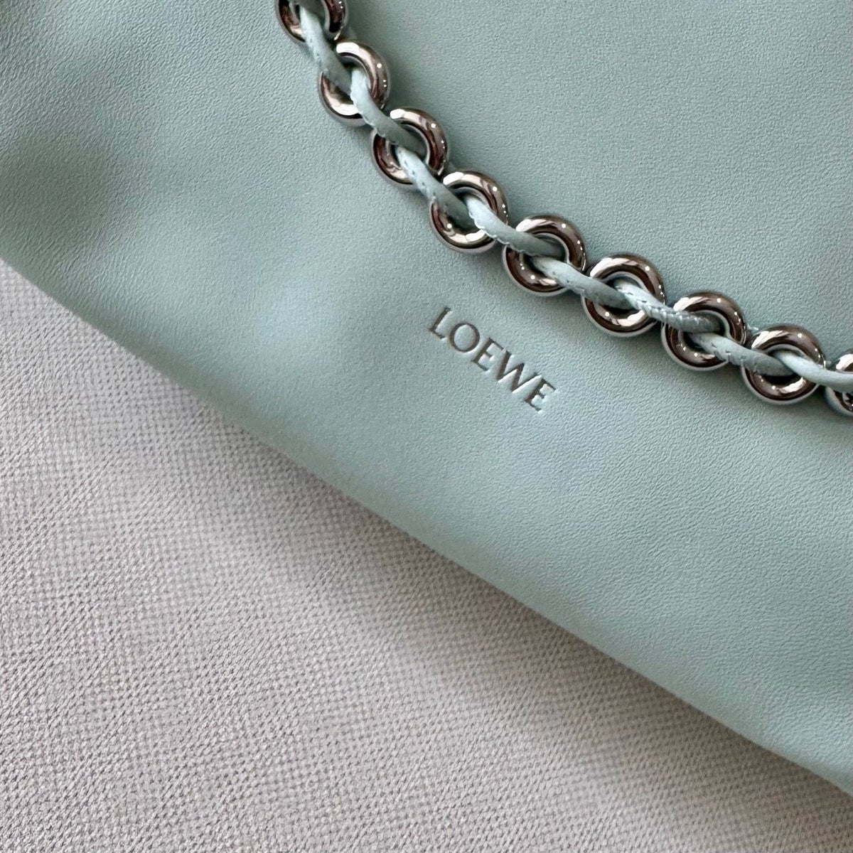 LOEWE 25S FLAMENCO PURSE 30 IN PALE AQUA NAPPA LEATHER SILVER HARDWARE