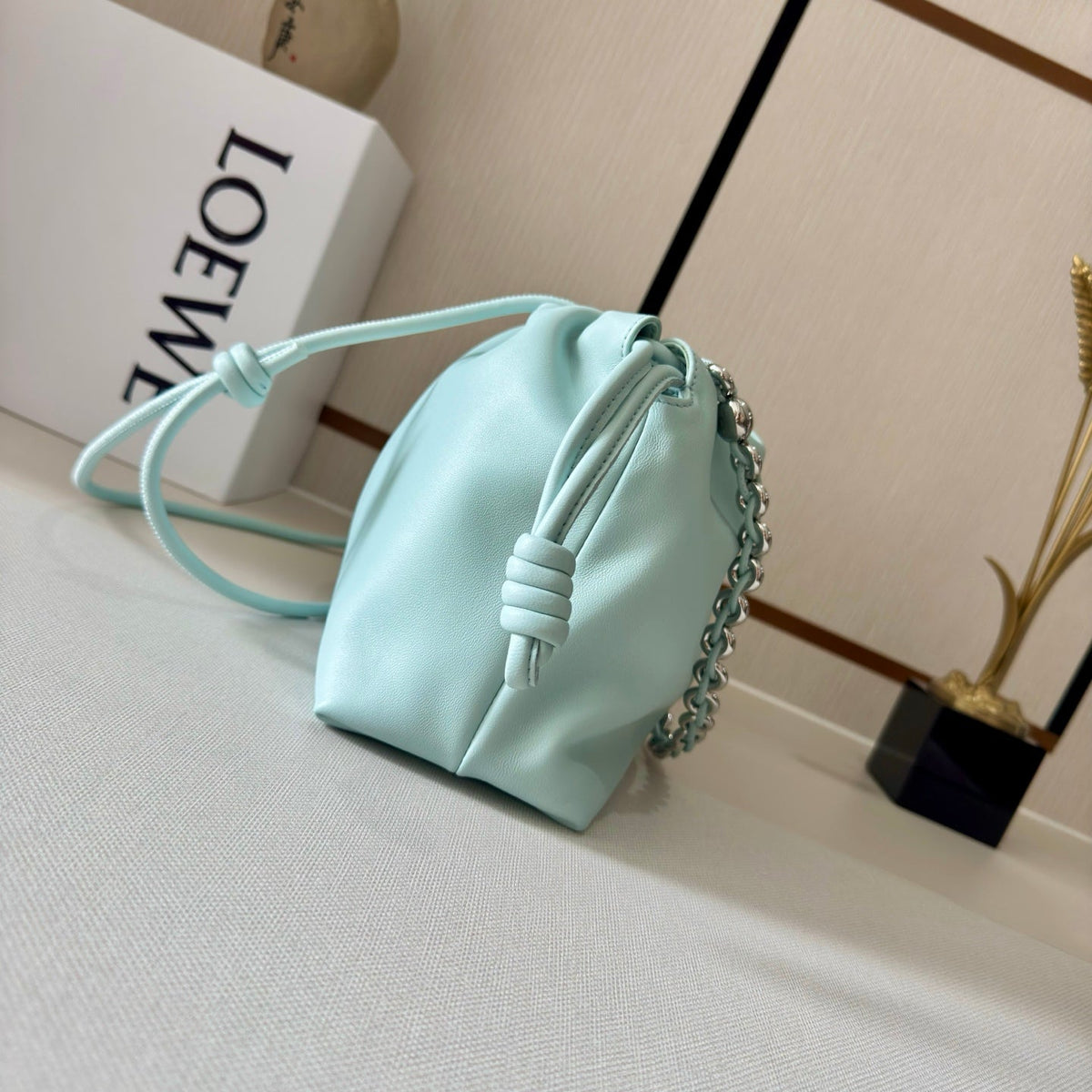LOEWE 25S FLAMENCO PURSE 30 IN PALE AQUA NAPPA LEATHER SILVER HARDWARE