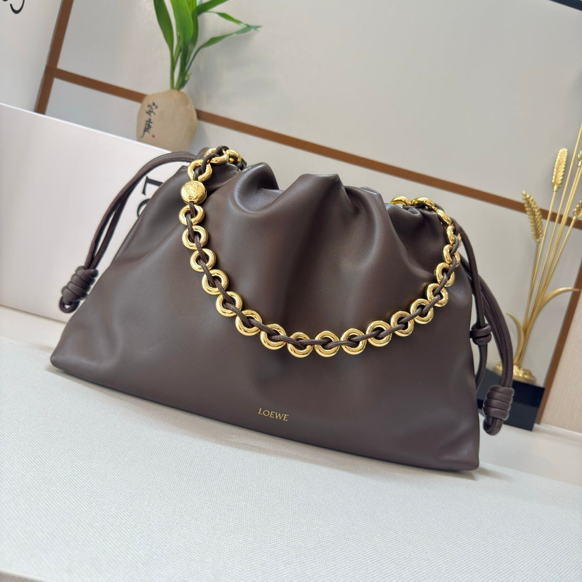 LOEWE 25S FLAMENCO PURSE 41 IN DARK BROWN NAPPA LEATHER GOLD HARDWARE