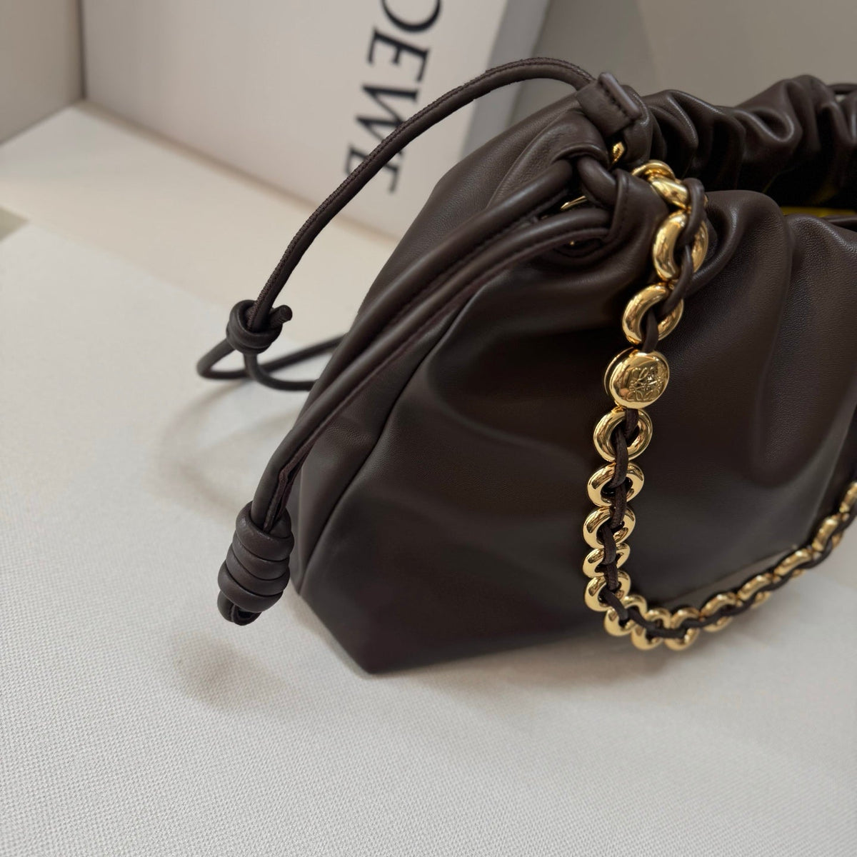 LOEWE 25S FLAMENCO PURSE 41 IN DARK BROWN NAPPA LEATHER GOLD HARDWARE
