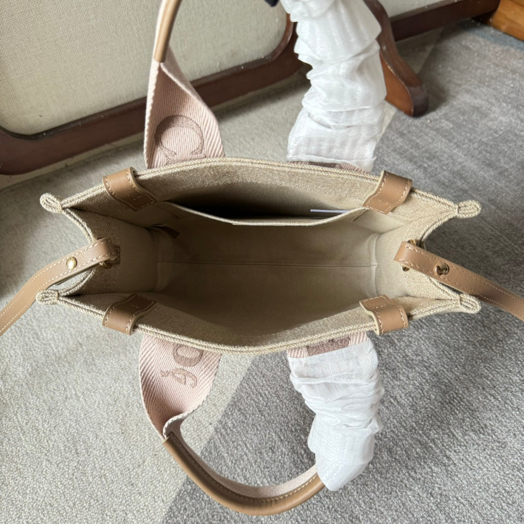 SMALL WOODY TOTE BAG 26.5 IN BEIGE LINEN CANVAS LIGHT PINK WEBBING LOGO EMBROIDERY