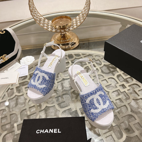 CHANEL WEDGE SANDALS IN SAPPHIRE BLUE FABRIC WITH WHITE LOGO