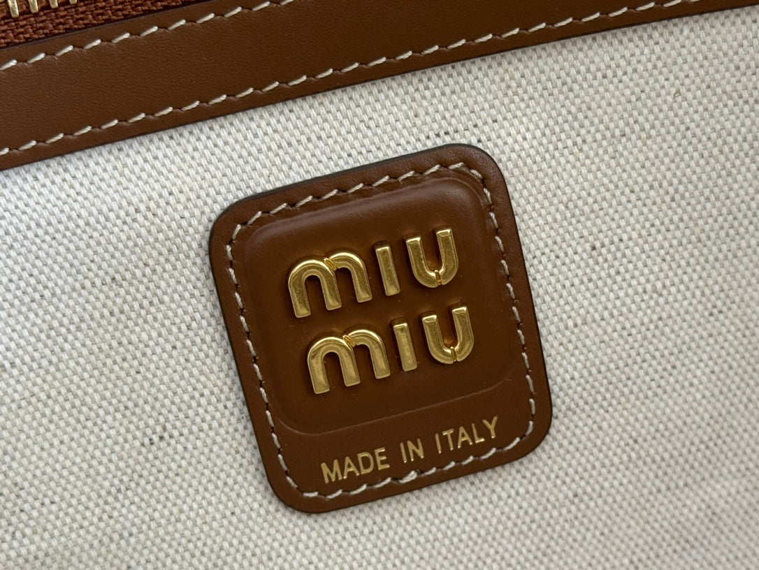 MIUMIU 25S BEAU CANVAS BAG 34 IN BEIGE CANVAS AND BROWN CALFSKIN