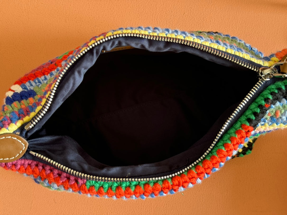 CROCHET SHOULDER BAG 25.5 COLORFUL WOOL WITH BROWN STRAP CALFSKIN