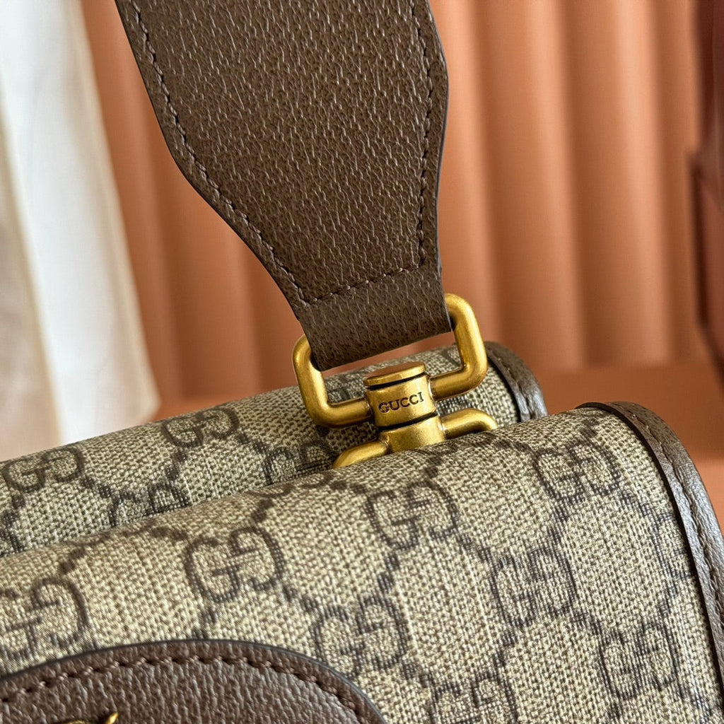 GUCCI NEO VINTAGE TIGER HEAD CROSSBODY BAG 22 IN CANVAS BROWN LEATHER TRIM