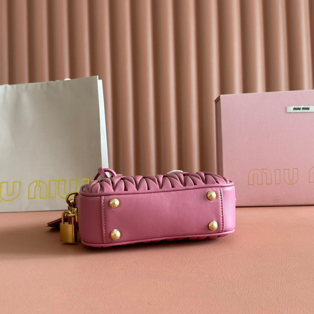 MIUMIU 26S ARCADIE MATELASSE BAG 19 IN DUSTY ROSE PINK CALFSKIN GOLD HARDWARE