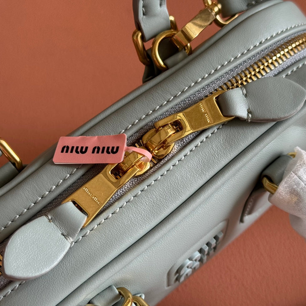 MIUMIU 26S ARCADIE BAG 19 IN SAGE GRAY CALFSKIN GOLD HARDWARE