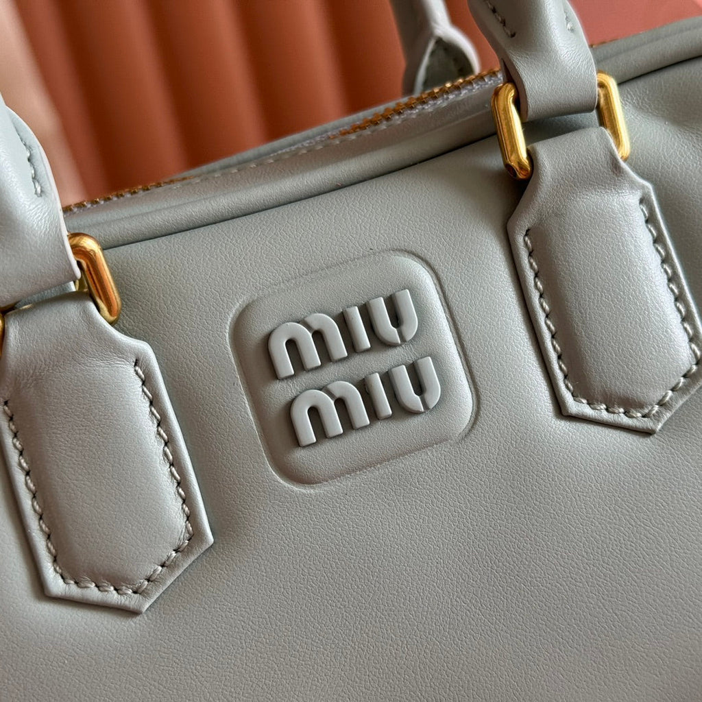 MIUMIU 26S ARCADIE BAG 19 IN SAGE GRAY CALFSKIN GOLD HARDWARE