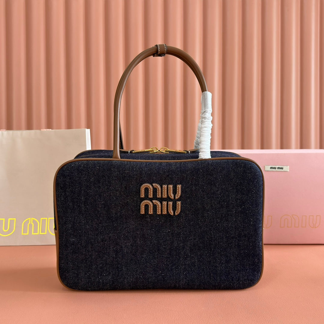 MIUMIU 25S BEAU DENIM BAG 34 IN DARK BLUE DENIM AND BROWN CALFSKIN