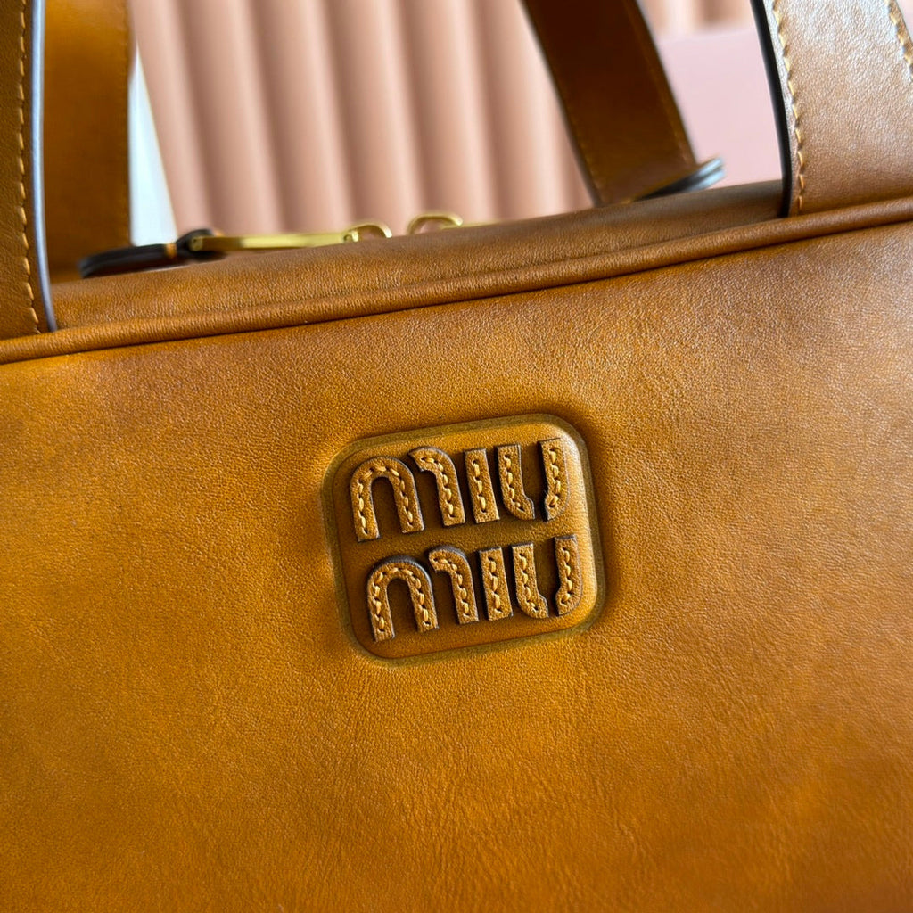 MIUMIU 26S TOP-HANDLE BAG 28 IN TAN BROWN CALFSKIN GOLD HARDWARE