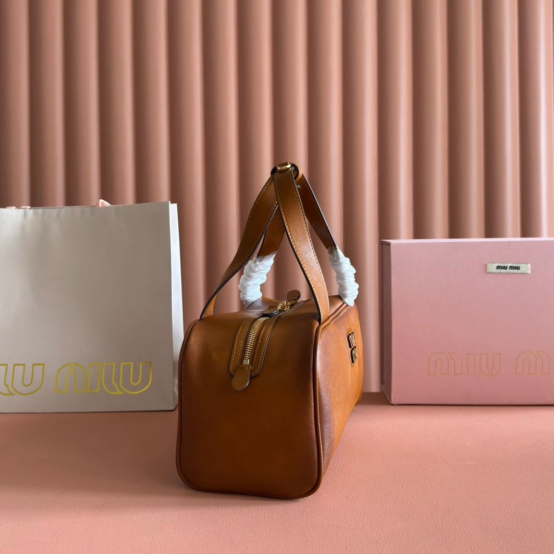 MIUMIU 26S TOP-HANDLE BAG 28 IN TAN BROWN CALFSKIN GOLD HARDWARE