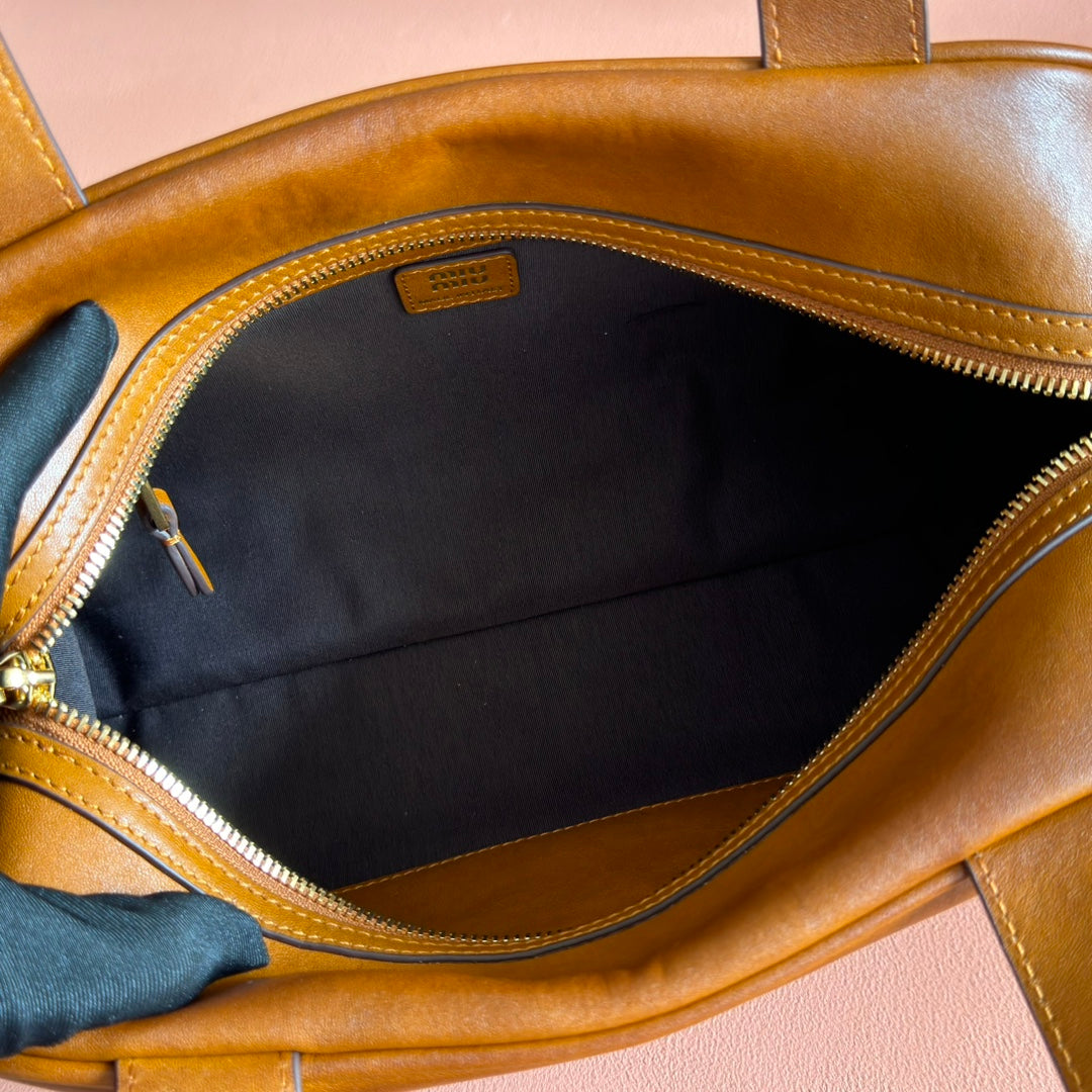 MIUMIU 26S TOP-HANDLE BAG 28 IN TAN BROWN CALFSKIN GOLD HARDWARE